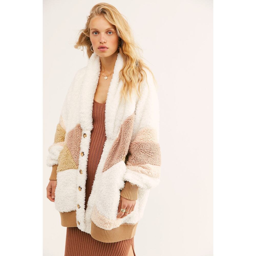 Free People Oversized Selma Cardi Color Block Sherpa Cardigan Bohemian Size XL - Picture 2 of 9